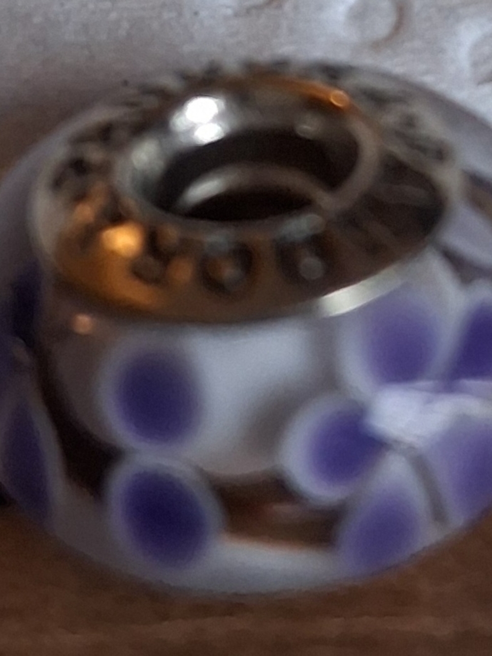 Silver-Trim Purple Floral Glass Charm Bead